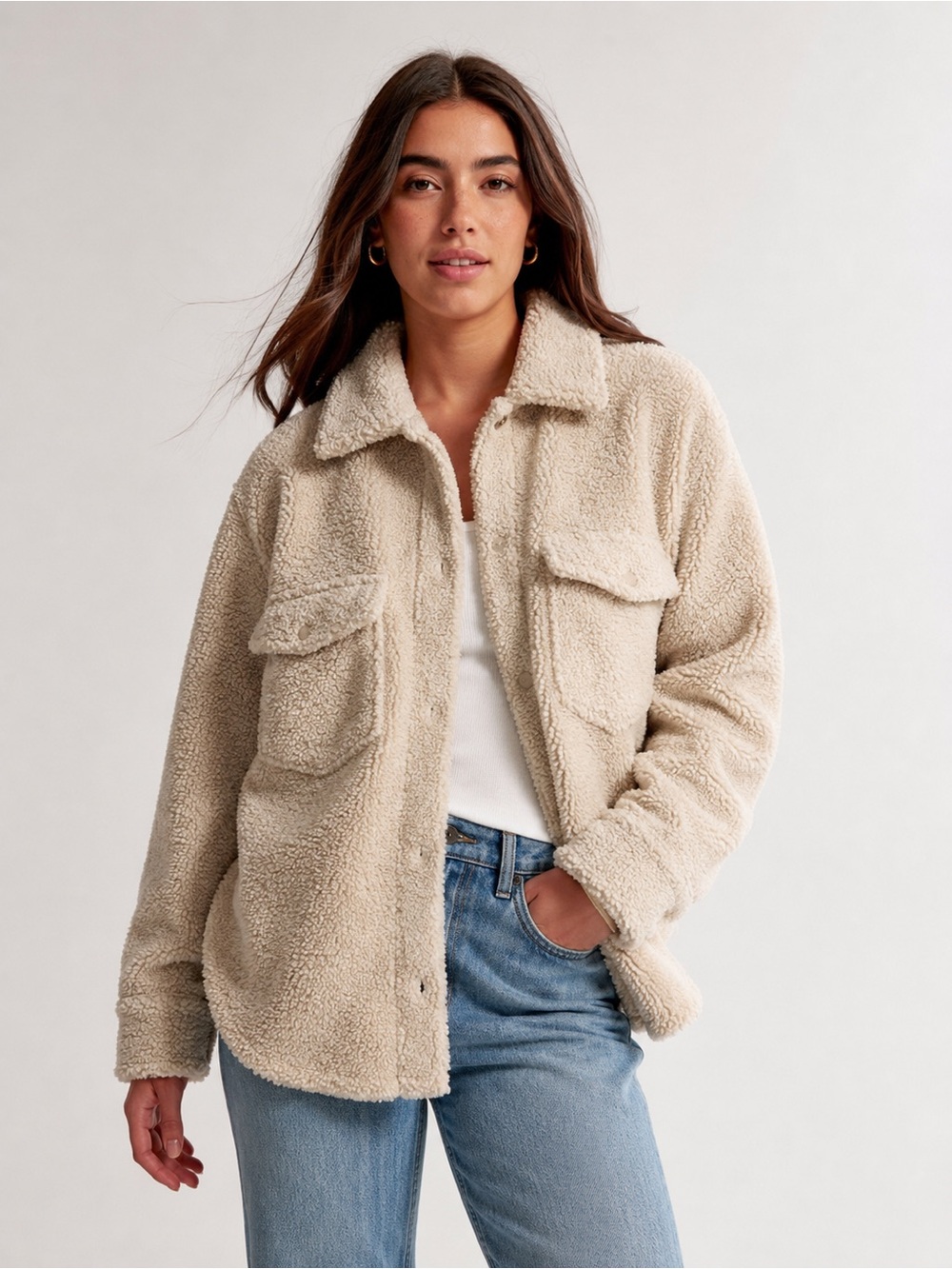 Abercrombie & Fitch Cream Teddy Sherpa Shirt Jacket – Size L